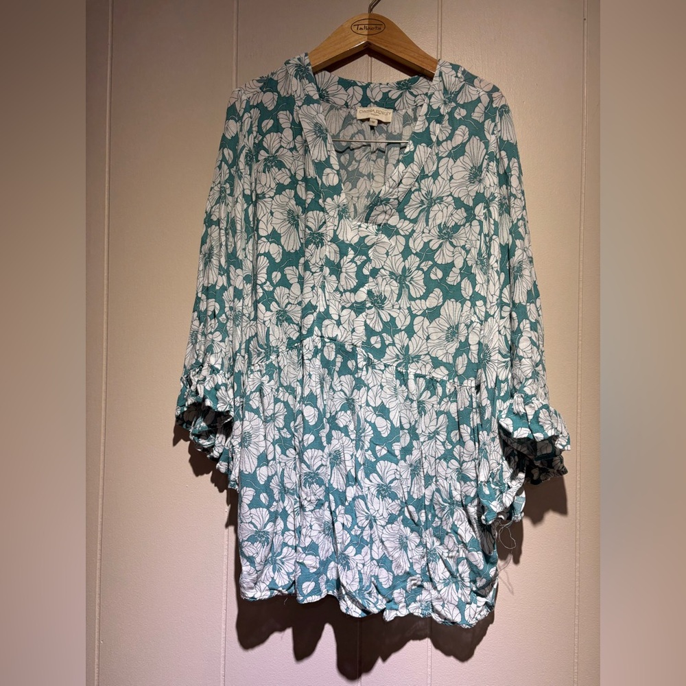 Cynthia Rowley Aqua green floral peasant blouse top ruffles 1X